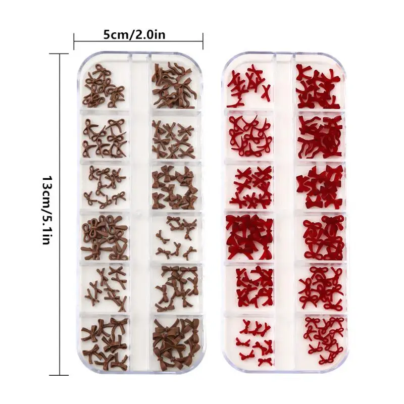 12 Griglie/scatola Arco Decorazioni per unghie 3d Rosso Marrone Bowknot Pendenti e Ciondoli in resina Gioielli Fai da te Decorazione per manicure Forniture Accessori
