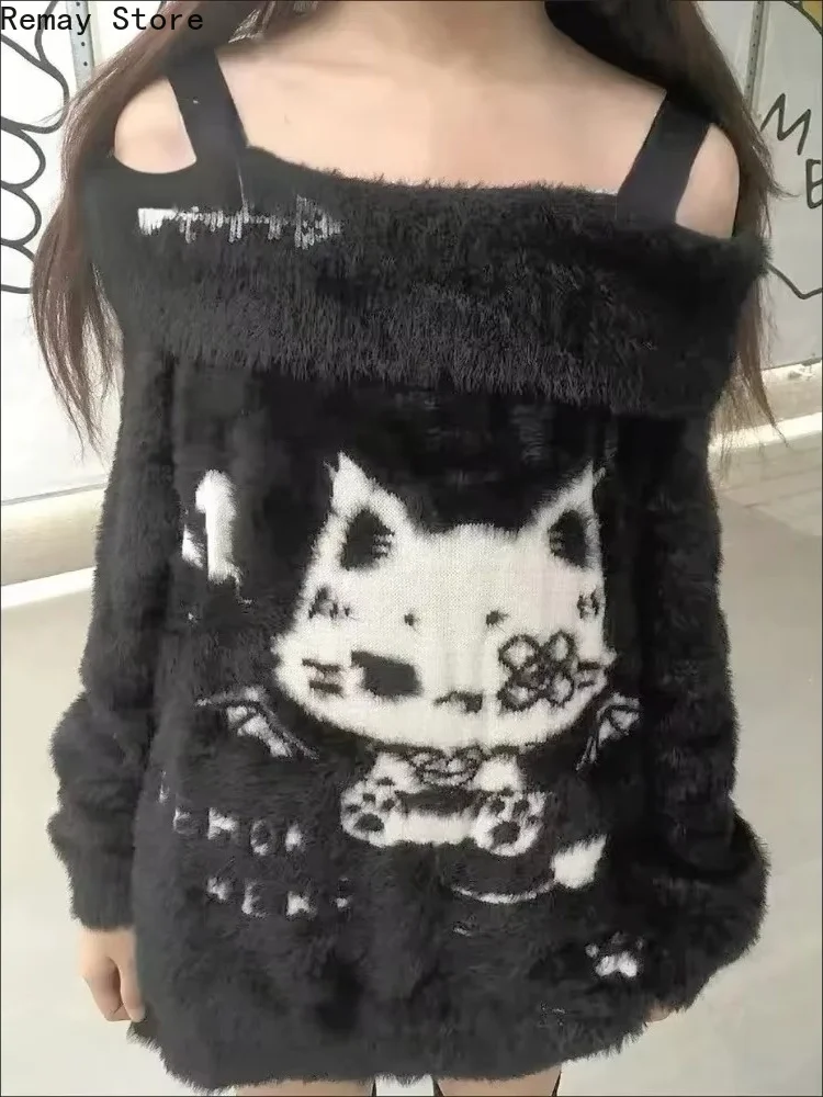 Autumn Winter Sweet Y2K Gothic Dark Off Shoulder Fold Knit Sweater Women Cat Print Trim Loose Design Lolita Party Korean Outfits