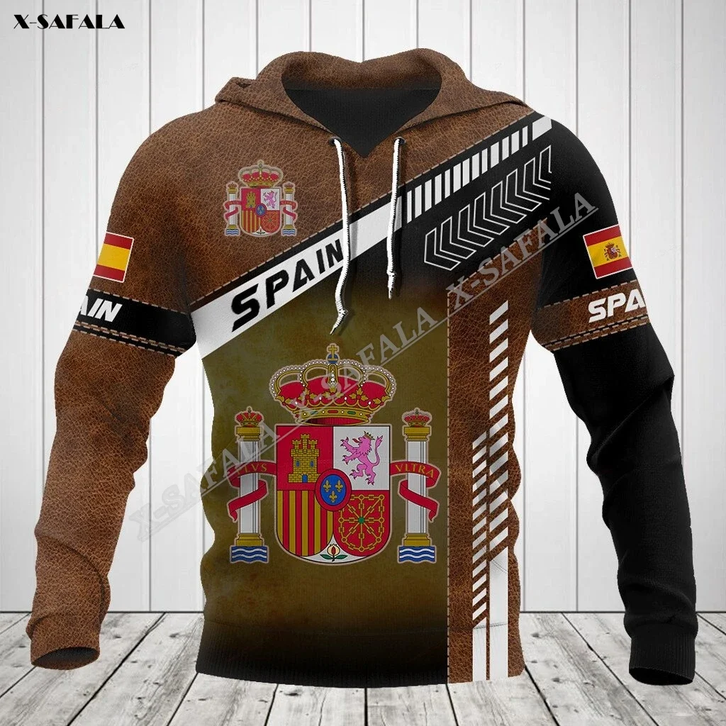 

Spain Flag Coat Of Arms Leather Style 3D Print Spring Autumn Hoodie Men's Outwear Shirt Pullover Hooded Sweatshirt Jersey Casual