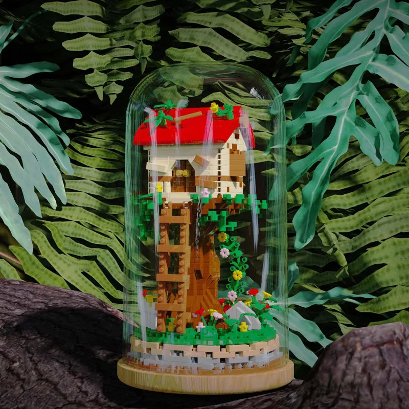 Casa sull'albero Micro Building Blocks diamante assemblato modello 3D fai da te foresta Mini mattoni figura giocattoli con espositore