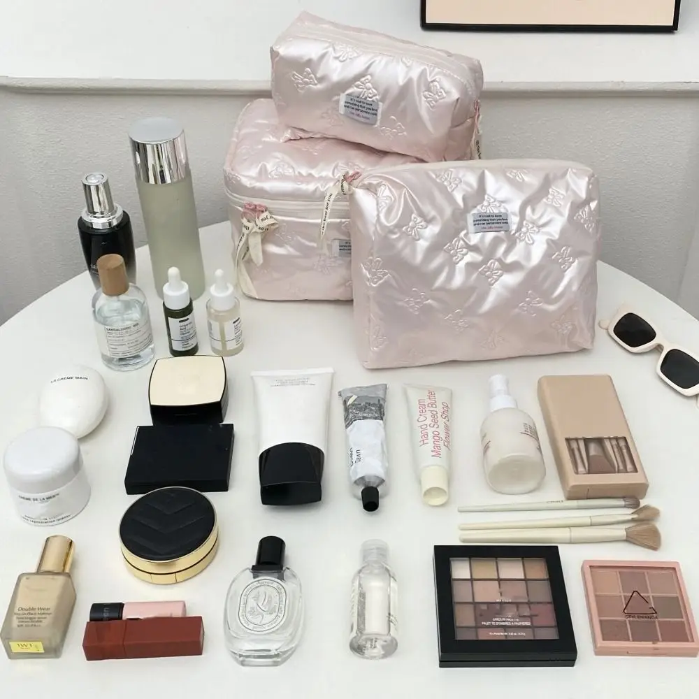 Cute PU Material Cosmetic Bag Storage Compartment Bow Decoration Makeup Case Multi-function Toiletry Bag Daily Organization