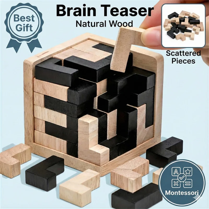 Wooden 3D Puzzle Cube Luban Lock Brain Teaser Toy Montessori Educational Interlocking Game For Kids Adults STEM Logic Gift