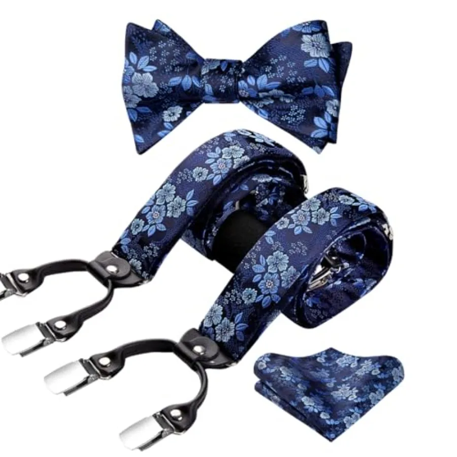 

HISDERN Suspenders for Men Paisley Floral Self Tied Bow Tie and Suspender Pocket Square Sets Adjustable Wedding Braces