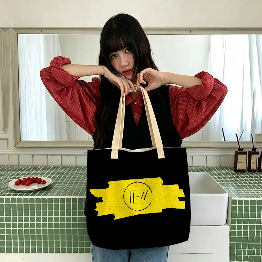 T-Twenty One Pilots Band-Aufbewahrungstaschen, Leinenmischung aus Baumwolle und Polyester, doppelseitige Schulter- und Handtasche, wiederverwendbare, umweltfreundliche Tragetasche. – Detail 13