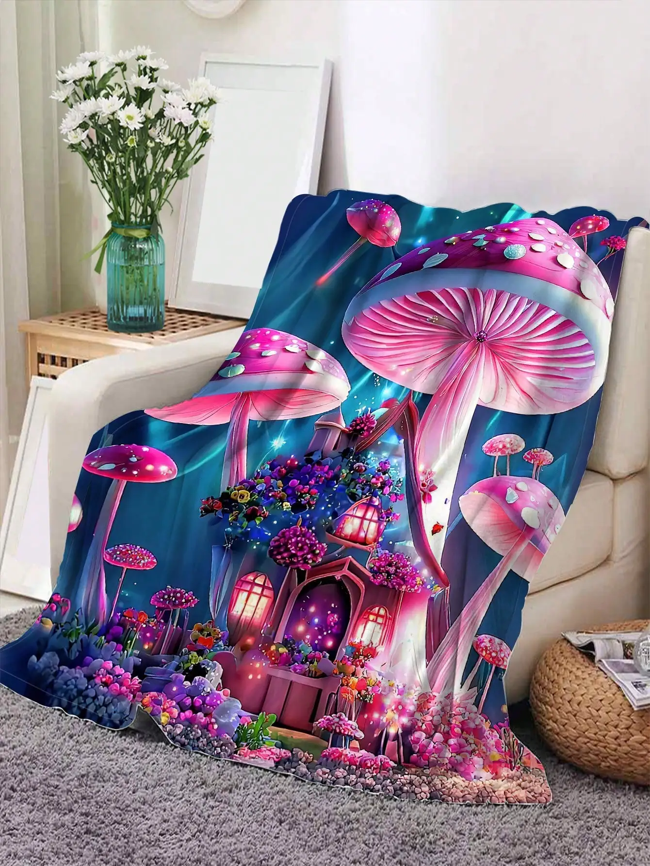 Fantasy Luminous Mushroom Printed Blanket, Modern Polyester Flannel Square Throw Blanket Suitable For Living Room Bedroom