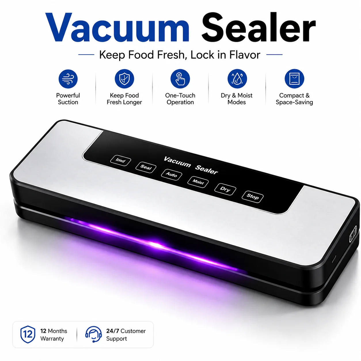 Automatic One‑Touch Vacuum Sealer Machine, Dry & Moist Food Modes Kitchen Vacuum Packing Sealing Machine, LED Indicator Household Food Saver, Extend Freshness for Meat, Fruits, Meal Prep Food Storage