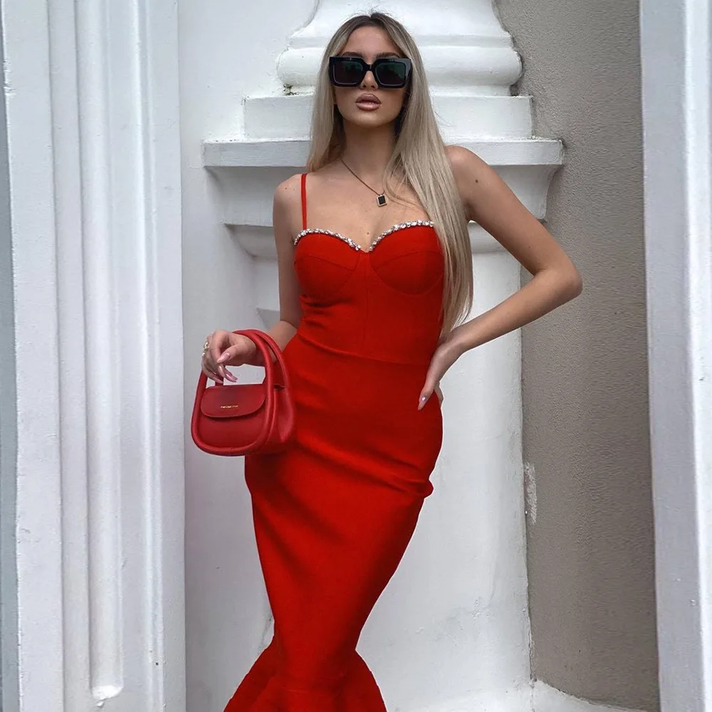

2025Новогоднее Новое поступление, платье с глубоким вырезом на бретелях и стразами, элегантное темпераментное бандажное платье русалки, разноцветное вечернее платье Co