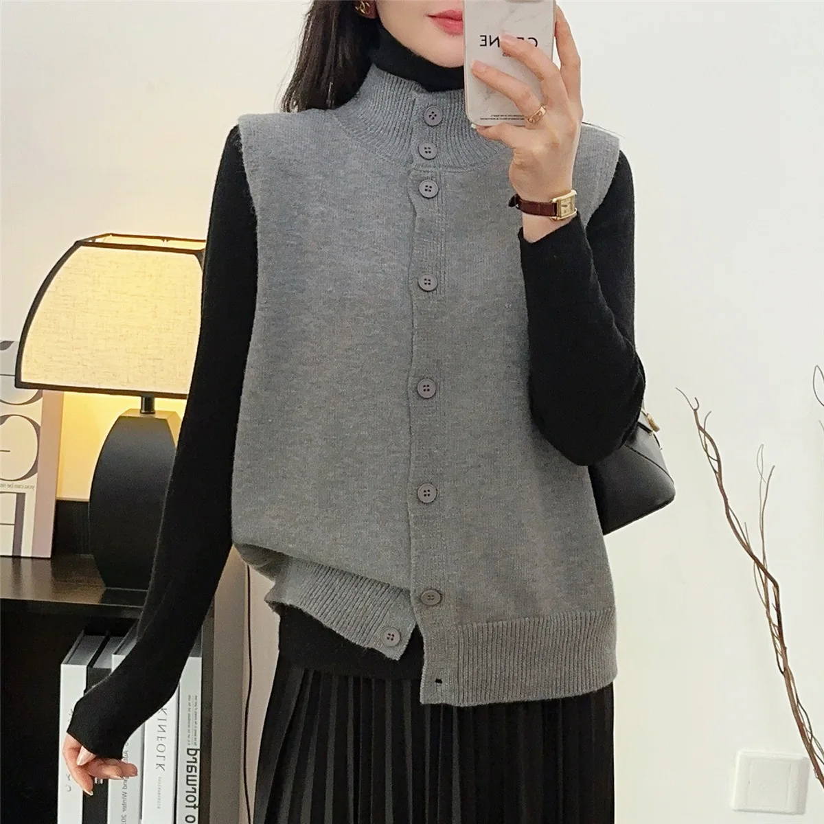 سترة نسائية محبوكة ناعمة ومريحة يمكن ارتداؤها على الوجهين سترة f تصميم ذو ياقة عالية للتنقل بطول طويل