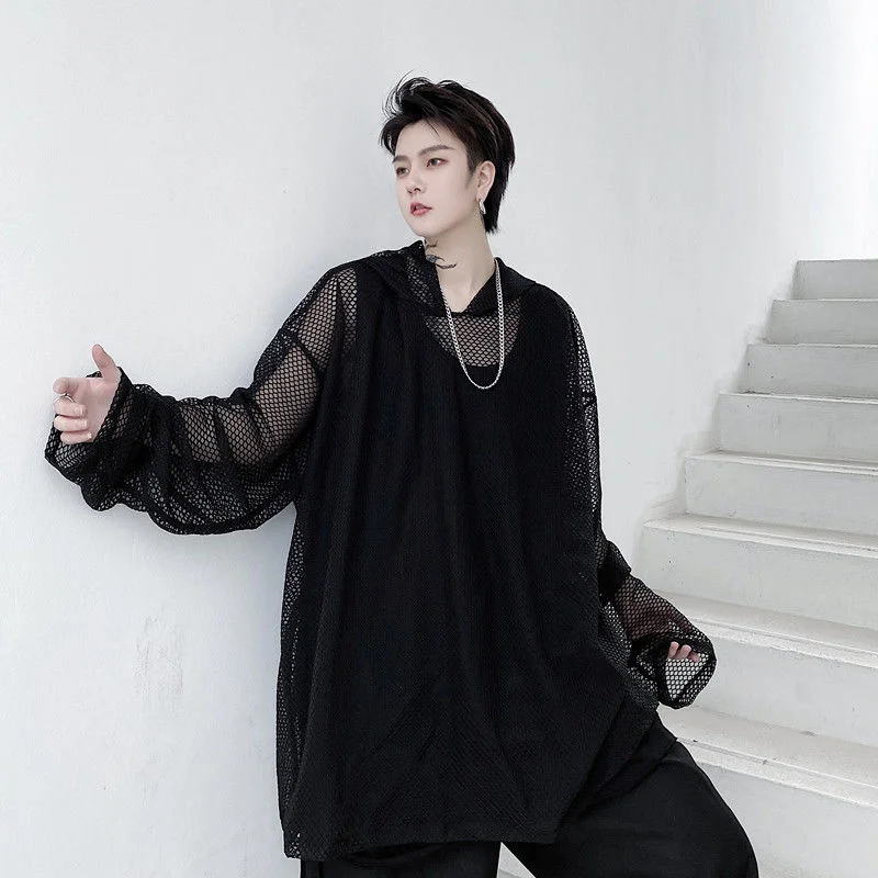 Japanese Men's Streetwear Silhouette Mesh Hooded Hollow Out T-shirt 2022 New Spring Summer Long Sleeve Oversized Top 2A0731