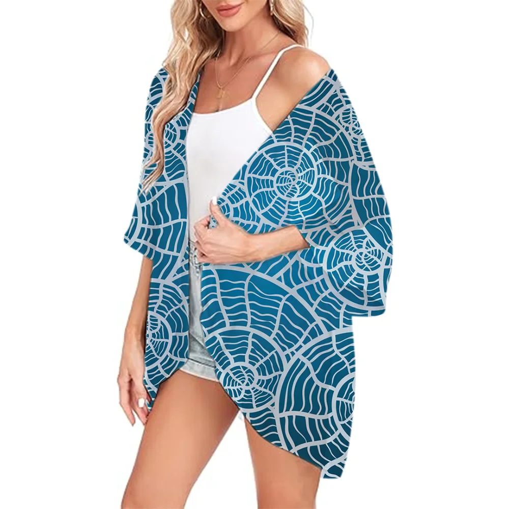 Fashion Beach Cardigan Shirt For Women Summer Blue Chiffon Cover Up Bathing Suit Kimono Lightweight Chiffon Shirts Resort Wear