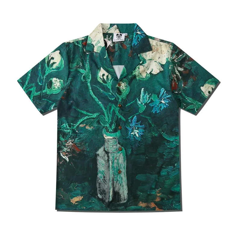 

2024Summer New Men Art Vase Oil Print Shirt Fashion Short Sleeve Hawaiian Harajuku Beach Shirts Chemise Homme Luxe Haute Qualite