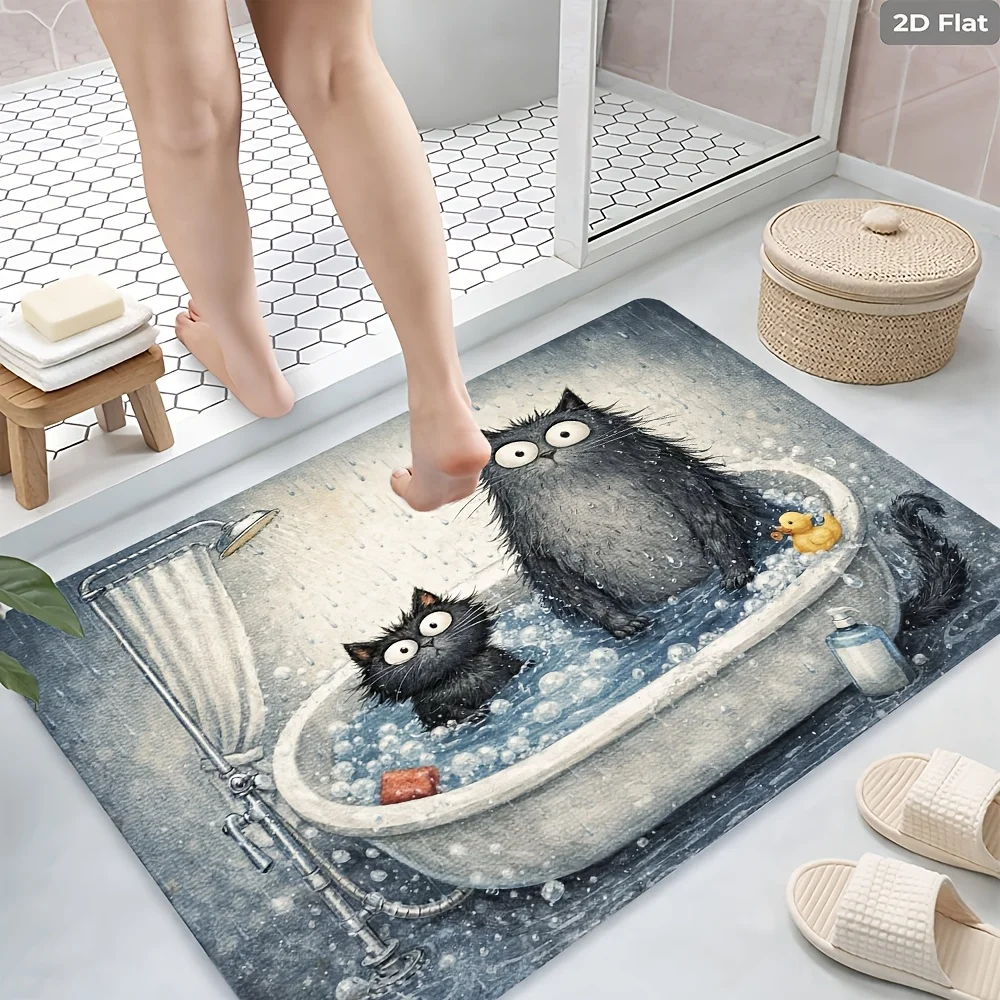 Tapis de salle de bain antidérapant à motif de chat mignon dessin animé 2D, 880g/m², en boucle, avec support en plastique à pois