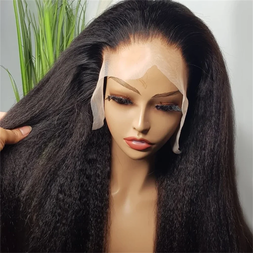 

Yaki 26 inch Soft black 180 Density Kinky straight Lace Front Wig For Women With Baby Hair Synthetic Preplucked Glueless Daily