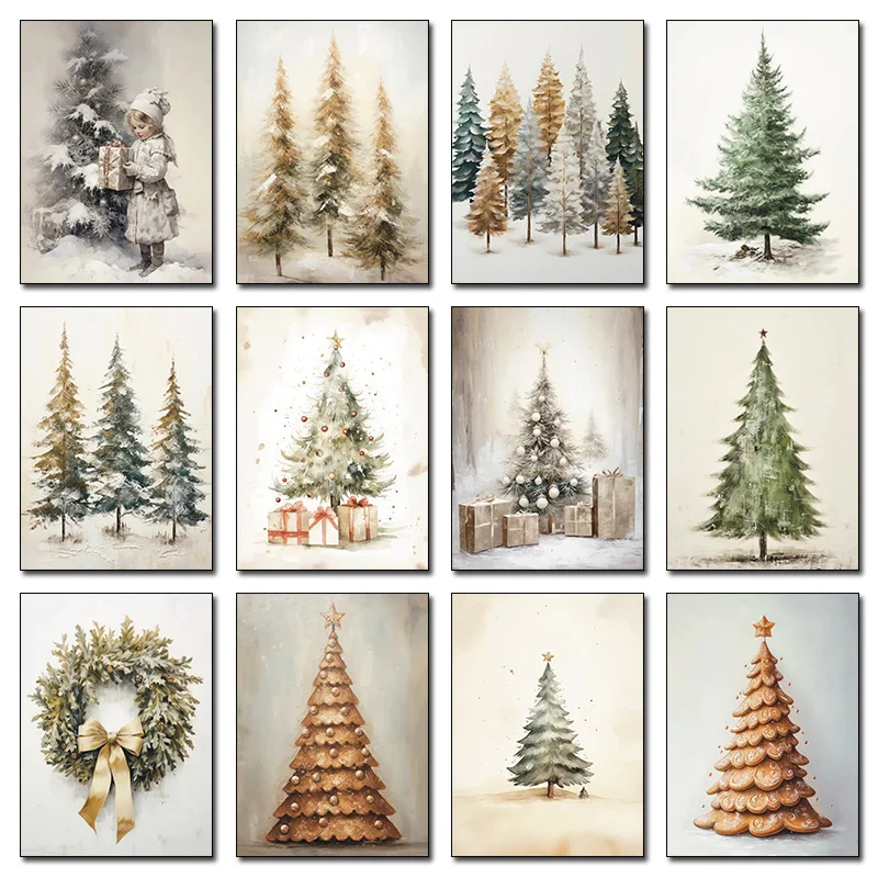 1pc frameless Canvas Painting Vintage Winter Christmas Tree Oil Painting Posters and Prints Canvas Printing Wall Art Picture for