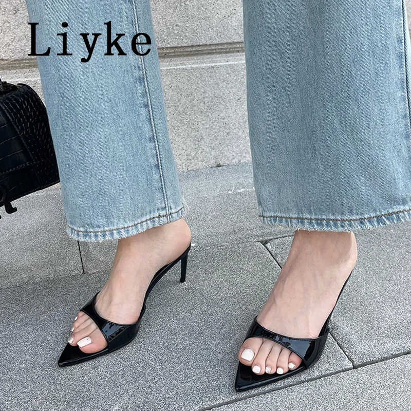 Liyke Summer Slippers Women Cozy Mules Low Thin Heels Slides Shoes Fashion Pointed Open Toe Gladiator Sandals Zapatos Mujer