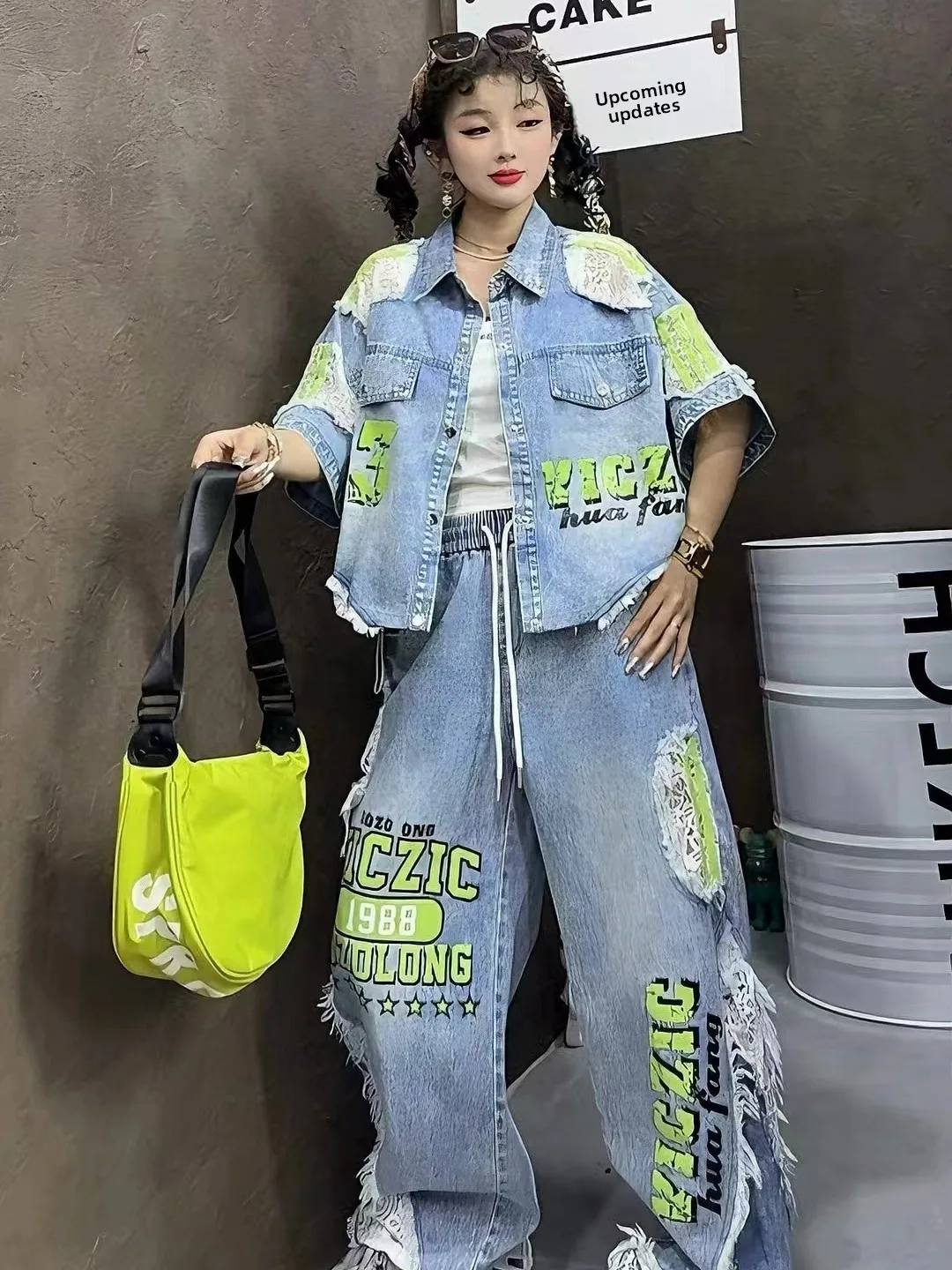 Casual Lace Splice Loose Top And Pants Set Women's Summer New Style Hollow out Trousers Digital Letter Print Cotton Short Sleeve