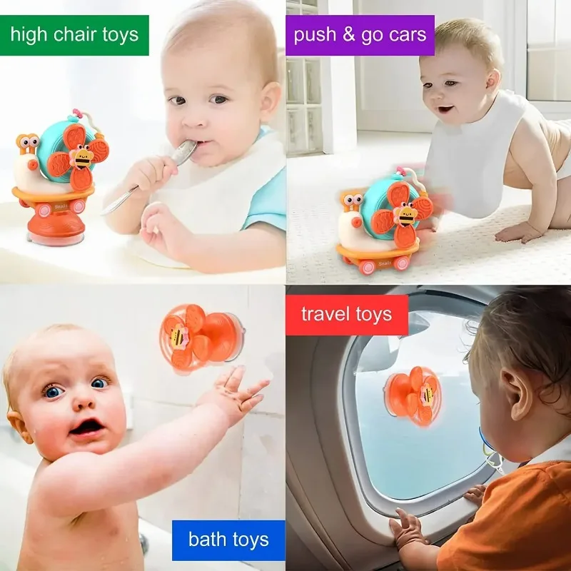 5 in 1 Baby Suction Cup Spinner for 0-12Month Snail Windmill Spinning Music Dining Table Infant Baby Fun Emotion Soothing Toy