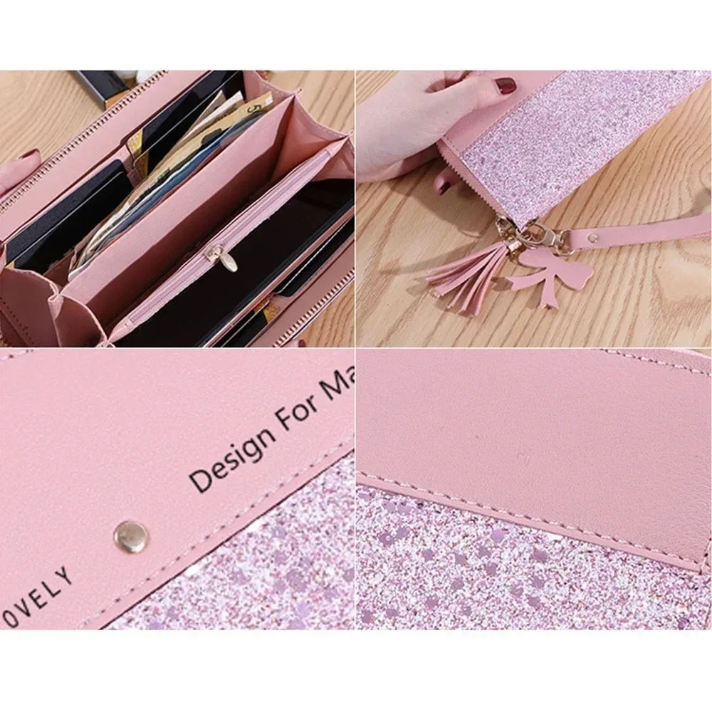 

Zipper PU Leather Women Long Purse Shiny Tassel Pendant Woman Clutch Wallet Korean Style Storage Square Card Bag Outdoor