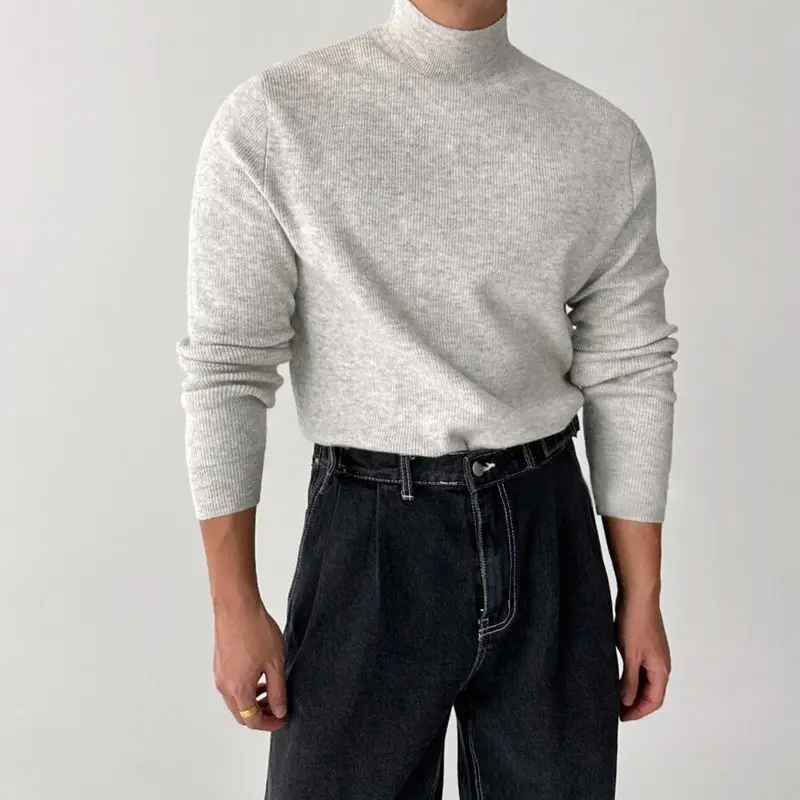 Retro Chic Men's Semi Pullovers High Street High Neck Casual Trend Korean Solid Color Niche Interior Vintage All-match Sweaters