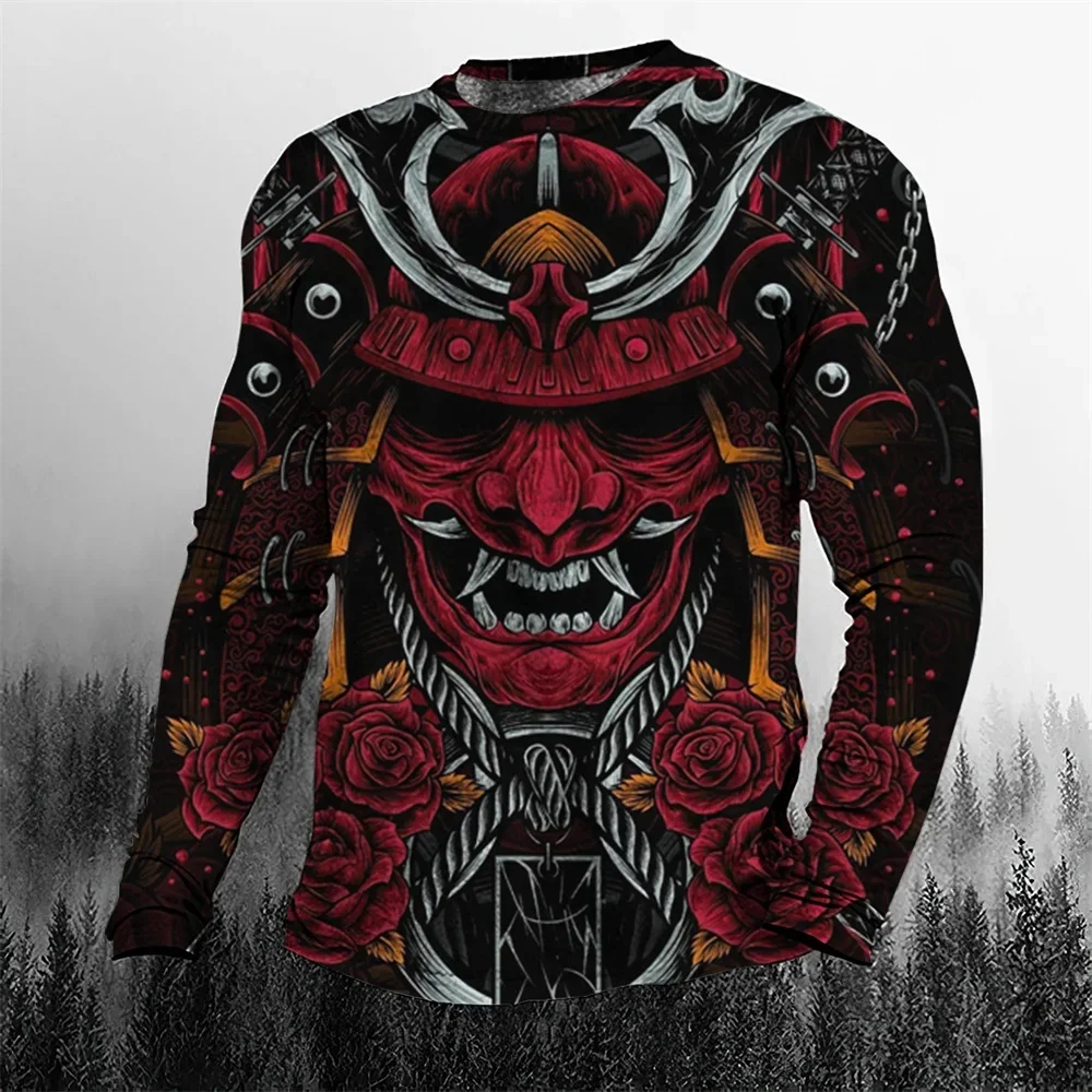 2026 Japanese Samurai Mask & Rose Print Long Sleeve T-Shirt, Street Style Crewneck Tee – Buy with Discount from AliExpress