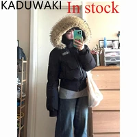 Korean Chic Slim Waist Short Parkas Y2k Harajuku Grunge Print Patchwork Fluffy Hooded Cotton Jacket Autumn Winter New Warm Top