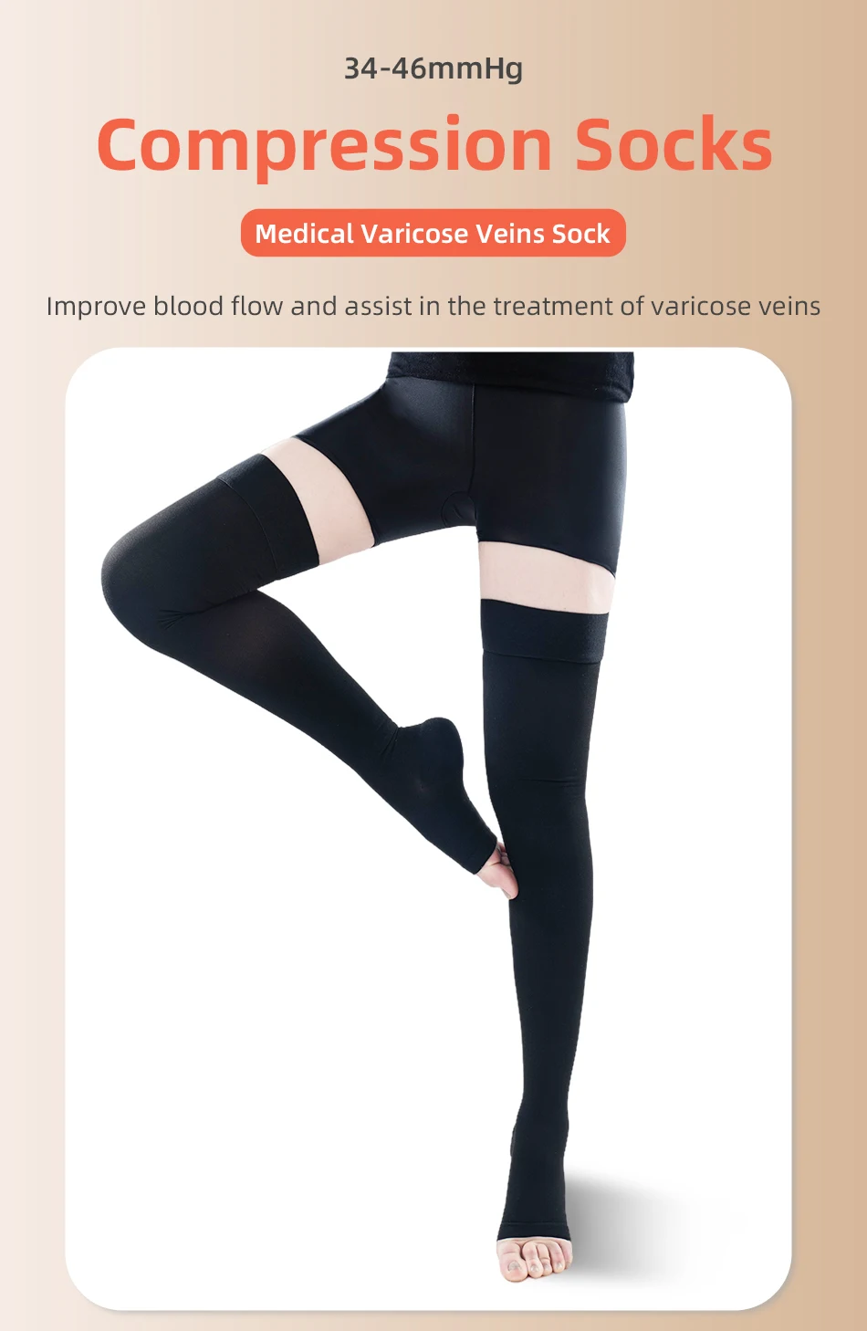 Offene Zehenpartie, Kompressionsstrümpfe der Klasse 3, über dem Knie, Unisex, 34-46 mmHg, Kompressionssocken für Krampfadern, extra groß 3XL 4XL 5XL – Detail 1