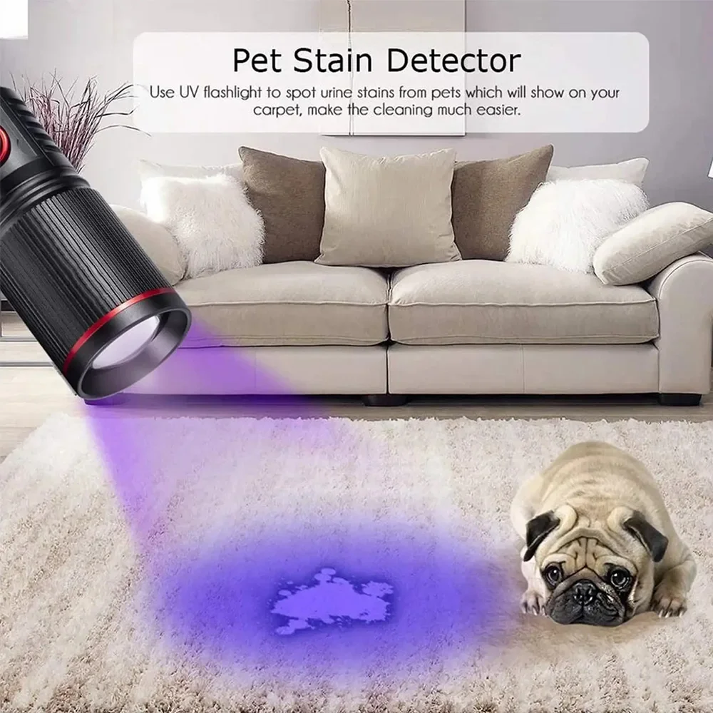 365nm/395nm LED UV Flashlight Zoom Ultraviolet Blacklight USB Rechargeable Purple Light Torch Pet Cat Dog Stains Urine Detector