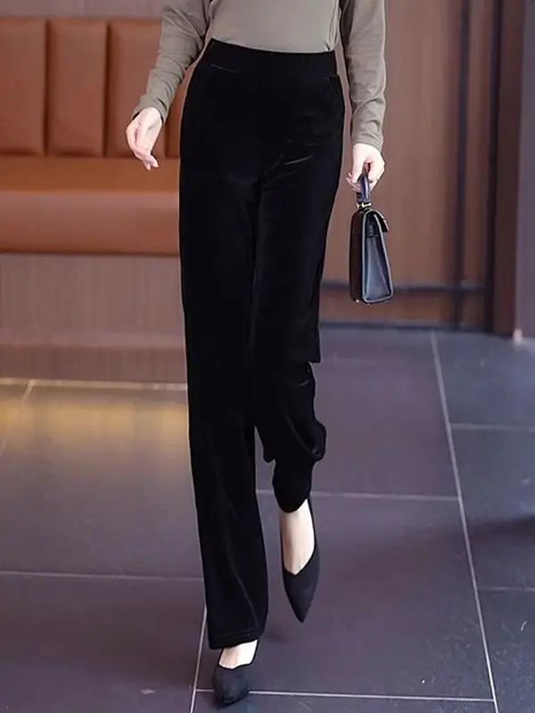 

Элегантные бархатные брюки для женщин: осенне-зимняя новинка, прямые, свободные, с высокой талией, утягивающие, повседневные, широкие штанины, большие размеры, длинные.
