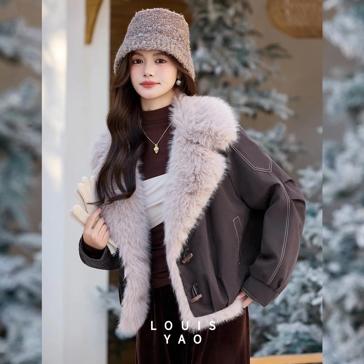 LOUIS YAO Women's Coats 2025 Winter Jackets New Fashion Premium Tops Drop-Shoulder Pocket Fleece Stylish Fleece-Lined Jacket
