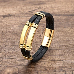 Luxury Stainless Steel Accessory Men's Jewelry Weave Leather Rope Chain Punk Bracelet For Men Boy Gift