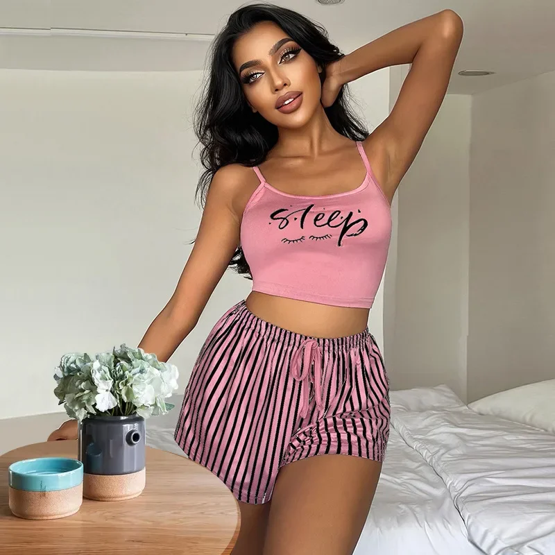 Top Fashion Women Home Clothing Suspended Pajamas with Drawstring Shorts Set Home Wear Letter Stripe Printed Nightgown Sleepwear