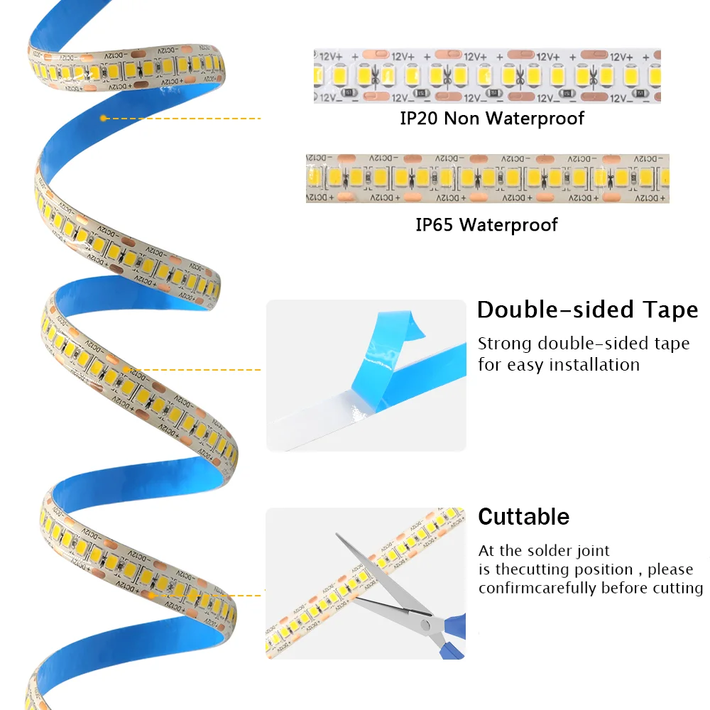 Tira de luces LED de 5M, 12V, 24V, 2835, cinta de luces LED blancas, 120LED, 240LED, 480LED, cinta Flexible, diodo, lámpara de cuerda impermeable,