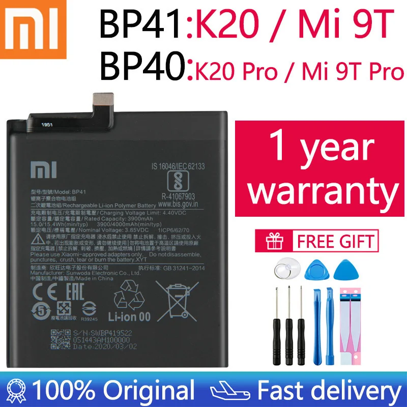 Batería de repuesto 100% Original BP41 BP40 para Xiaomi Redmi K20 Pro Mi 9T Pro Mi9T Redmi K20Pro, batería genuina Premium de 4000mAh