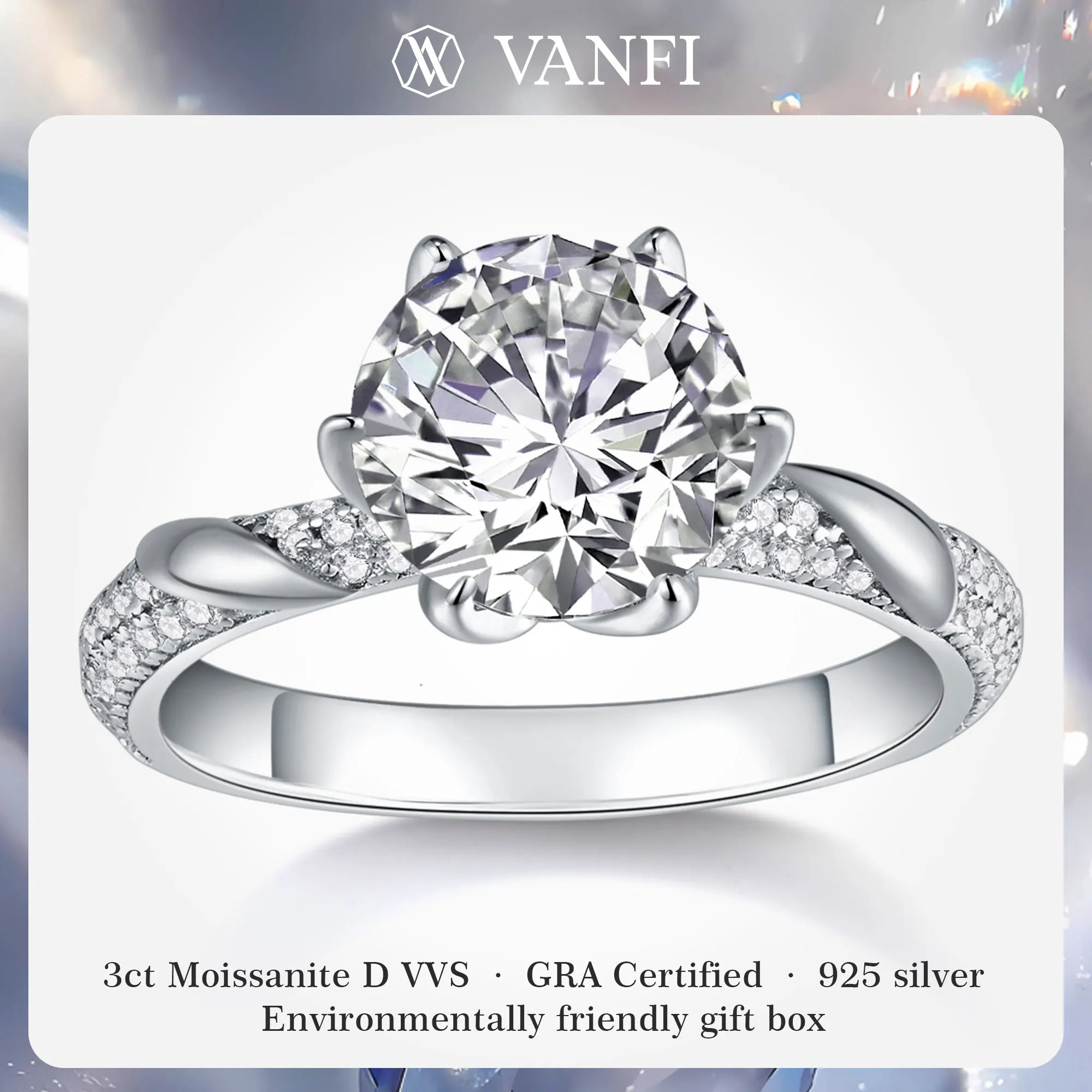 

kfvanfi 3ct moissanite s925 sterling silver flower women's ring plated 18k white gold wedding engagement GRA lab diamond jewelry