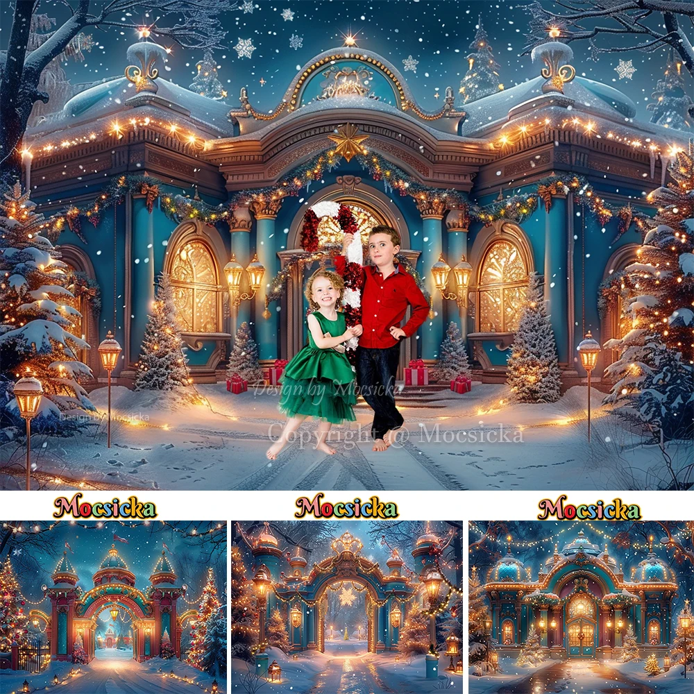 

Mocsicka Blue Christmas Circus Photography Background Studio Shining Lights Snowy Night Holiday Party Backdrop Pine Forest Photo