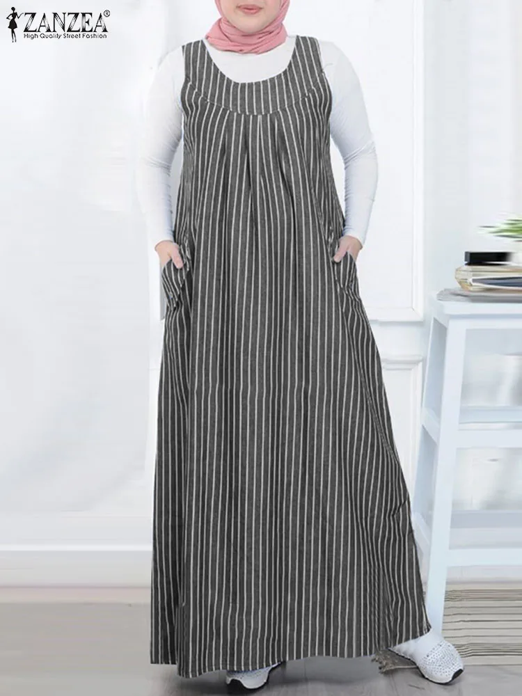 

Women Vintage Overalls Dress ZANZEA Muslim Abaya Robe Femme Summer Sleeveless Striped Vestidos Casual Loose IsIamic Sundress