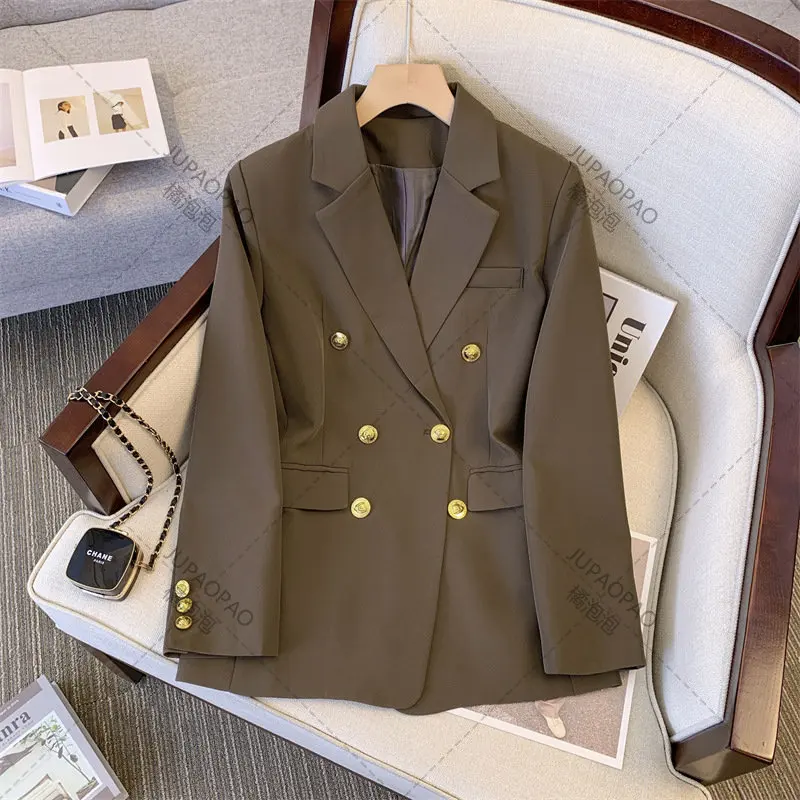 Imagem -04 - Khaki-blazers Pretos para Mulheres Cabolsas Longos com Entalhado Trespassado Roupas de Exterior Primavera e Verão Novo 2023