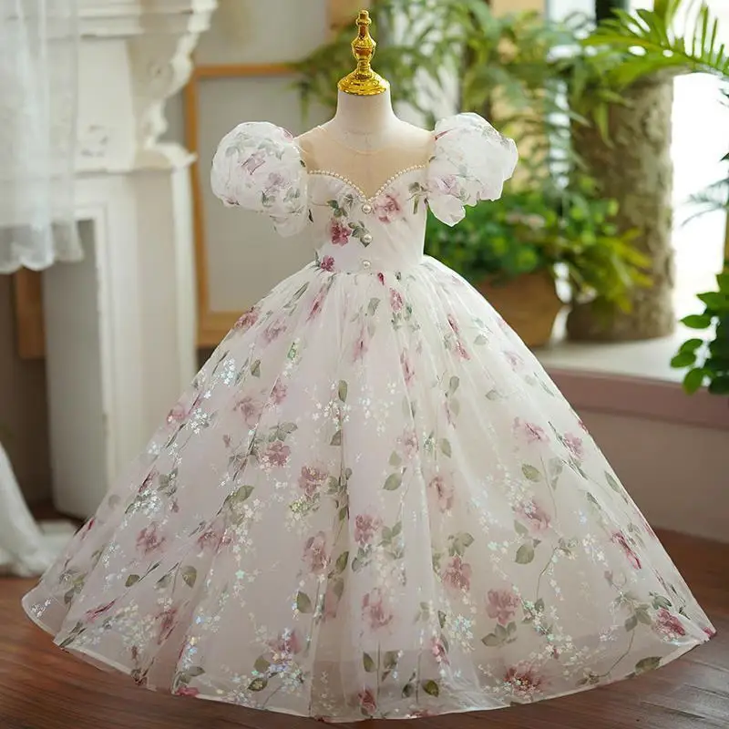 

Flower Girl Wedding Party Dresses New White Girls Princess Dress Round Neck Long Gowns Flowers Beauty Pageant Gown Customized