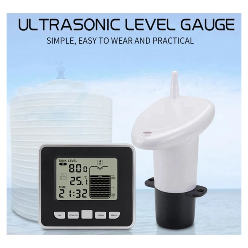 Ultrasonic Wireless Water Tank Liquid Level Meter With Temperature Sensor Level Monitor Time Display Low Battery Alarm Durable