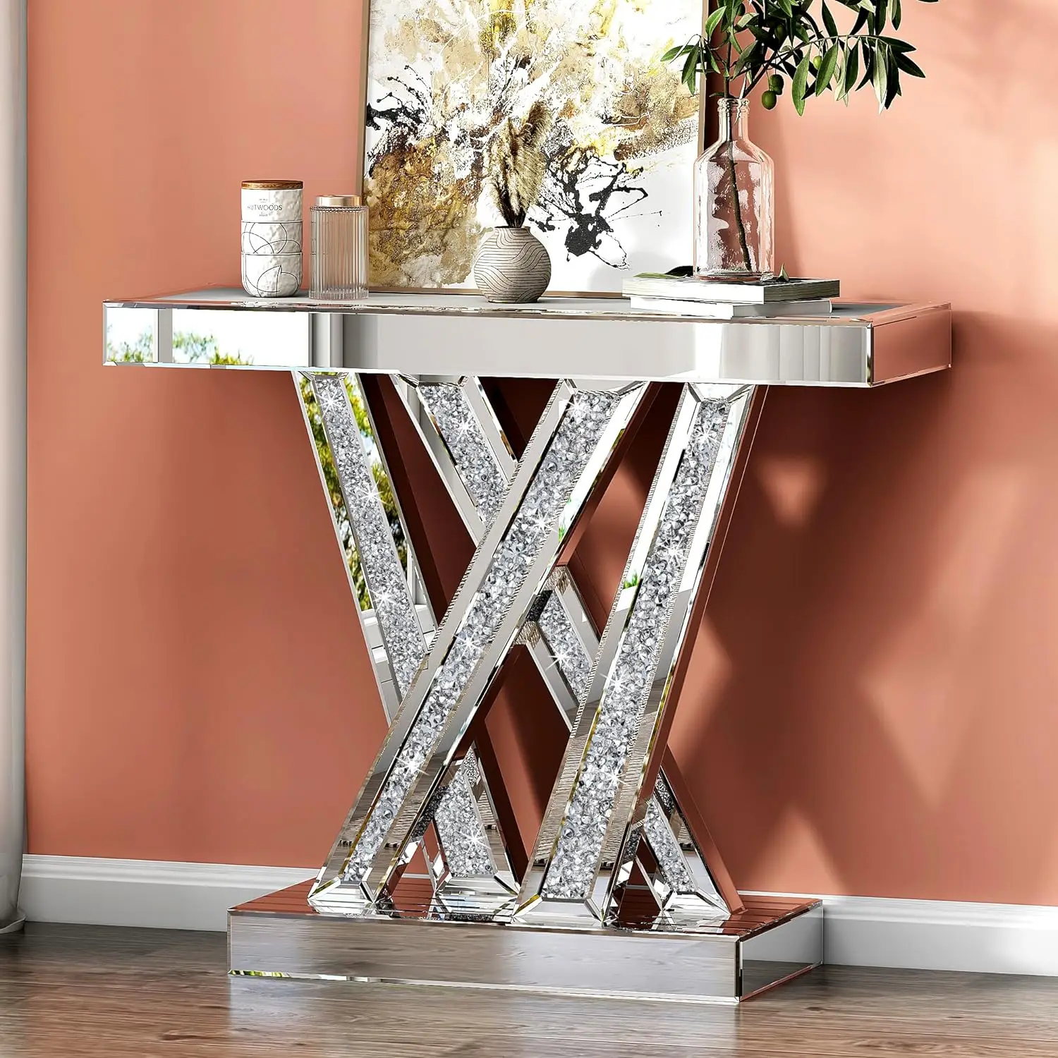 

Modern Console Table Mirrored Finished, Glam Style W Silver Entryway Table Inlay with Sparkly Crushed Crystals, 35 inches C