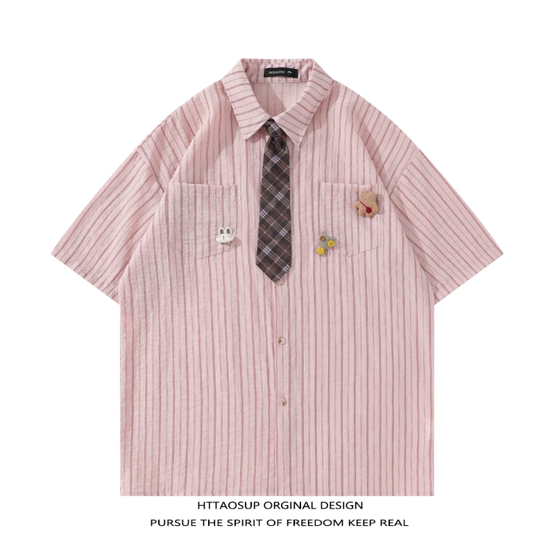 

HTTAOSUP Trendy College Style Pink Striped Short Sleeve Casual Shirt for Men Summer Versatile Couple's Shirt Youth Popular Po...