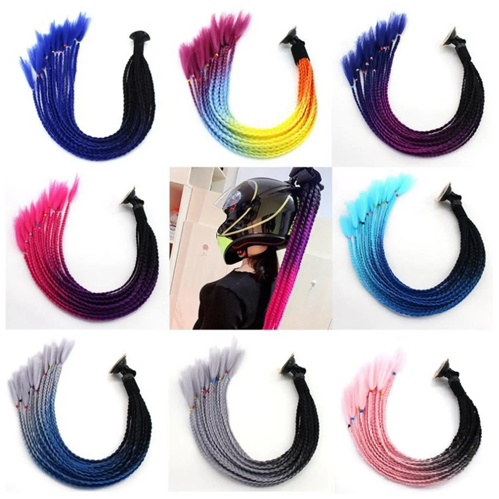 Women's Motocross Dreadlocks Ponytail Braid Gradient Ramp Curly Wig Hair Helmet