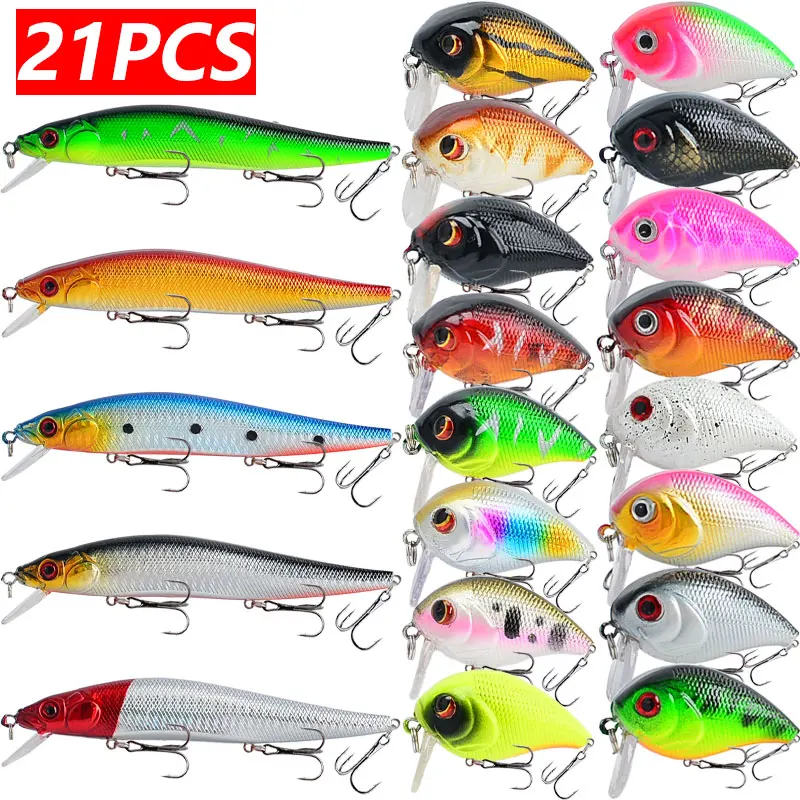 21pcs Minnow & Crankbit Wbblers Fishing Lure Set 3D Eyes Durable ABS Perch Artificial Bait Pike Carp Bait Swim Bait Fishing
