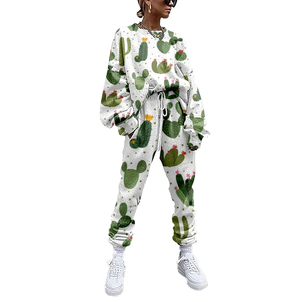 Women Cactus Printing Tracksuit 2 Piece Outfit Sweatshirt+Straight Sweatpants Matching Set Fitness Sporty Streetwear