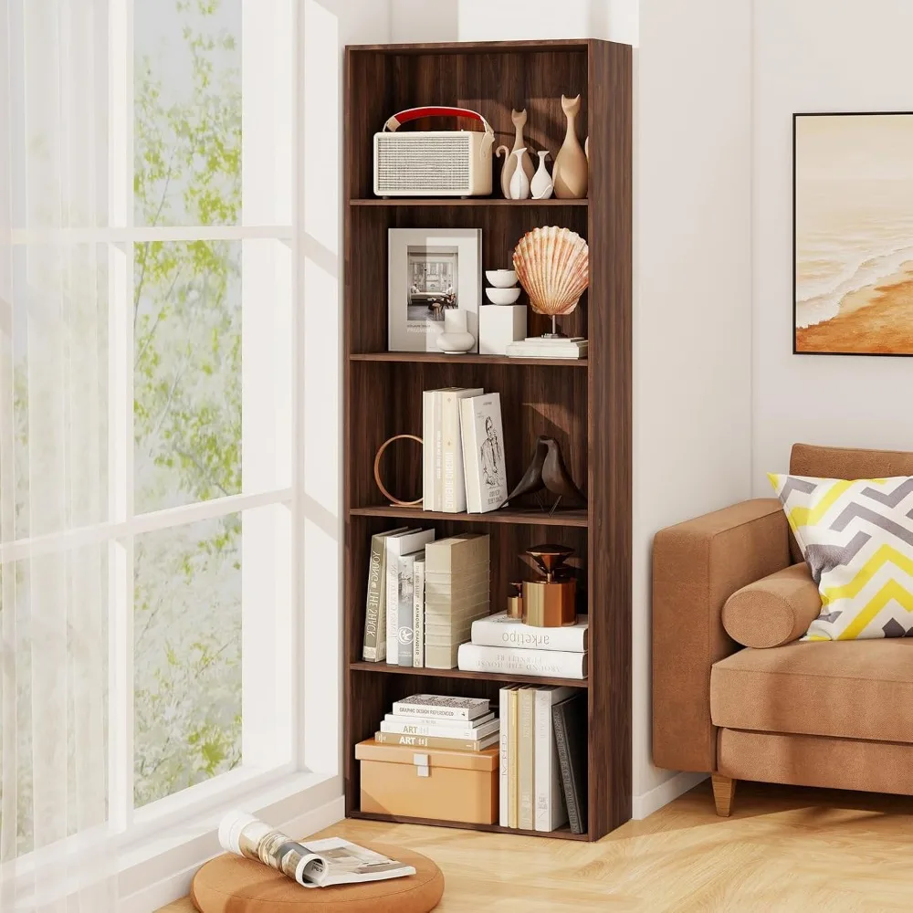 مجموعة خزائن كتب طويلة مكونة من 5 طبقات، أرفف خشبية قائمة على الأرض، ألواح سميكة، مضادة للرشح، حلول تخزين مفتوحة #4