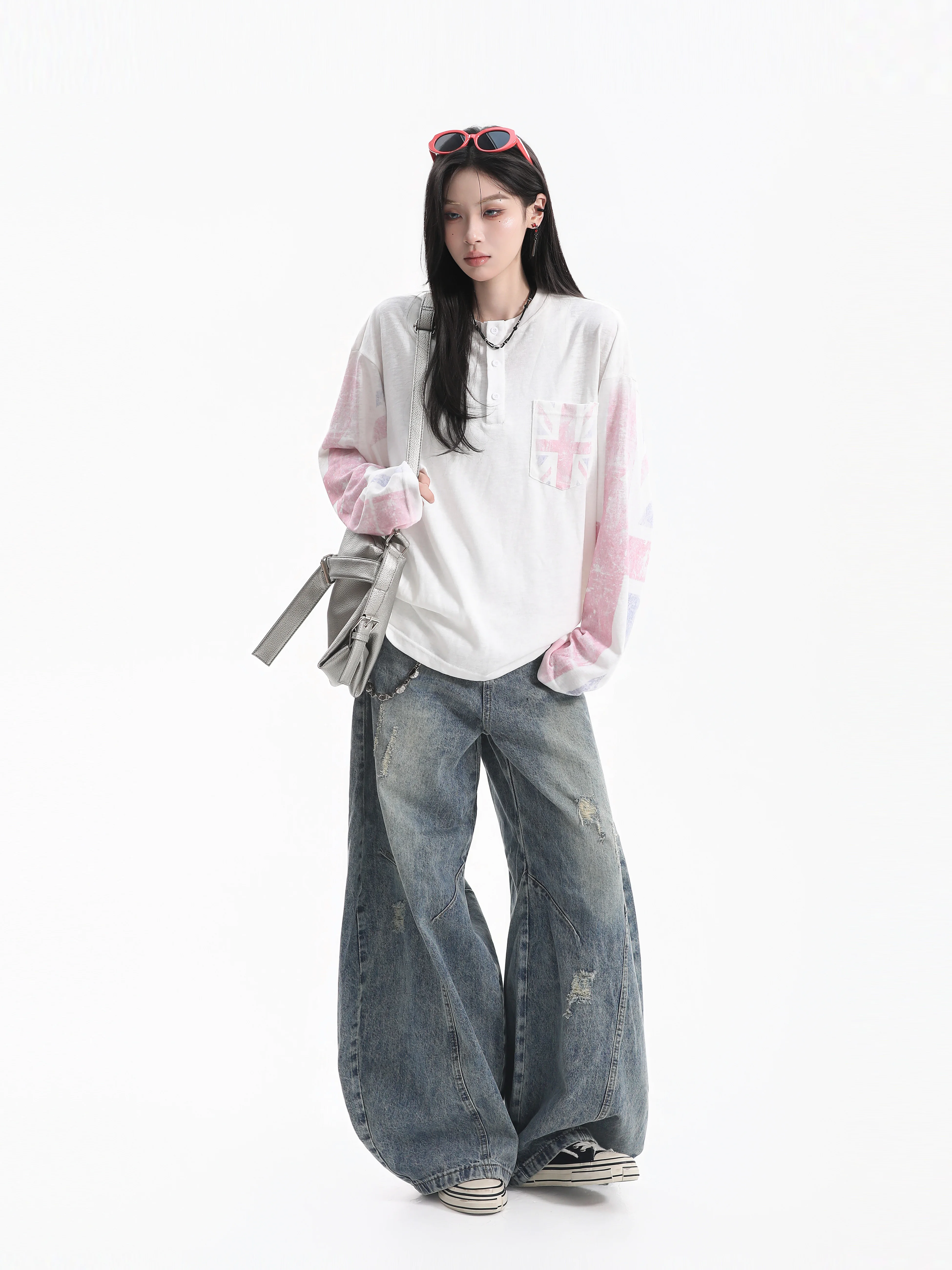 Retro American Style Long Sleeve T-Shirt Loose Fit Henry Collar Shirt Vintage Flag Design Casual Cotton Top for Women