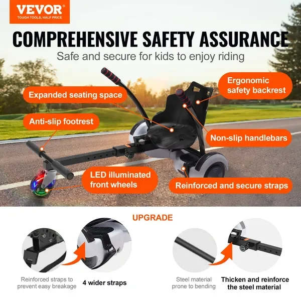 Acessório para assento de hoverboard com luzes LED, comprimento ajustável, capacidade de 220 libras