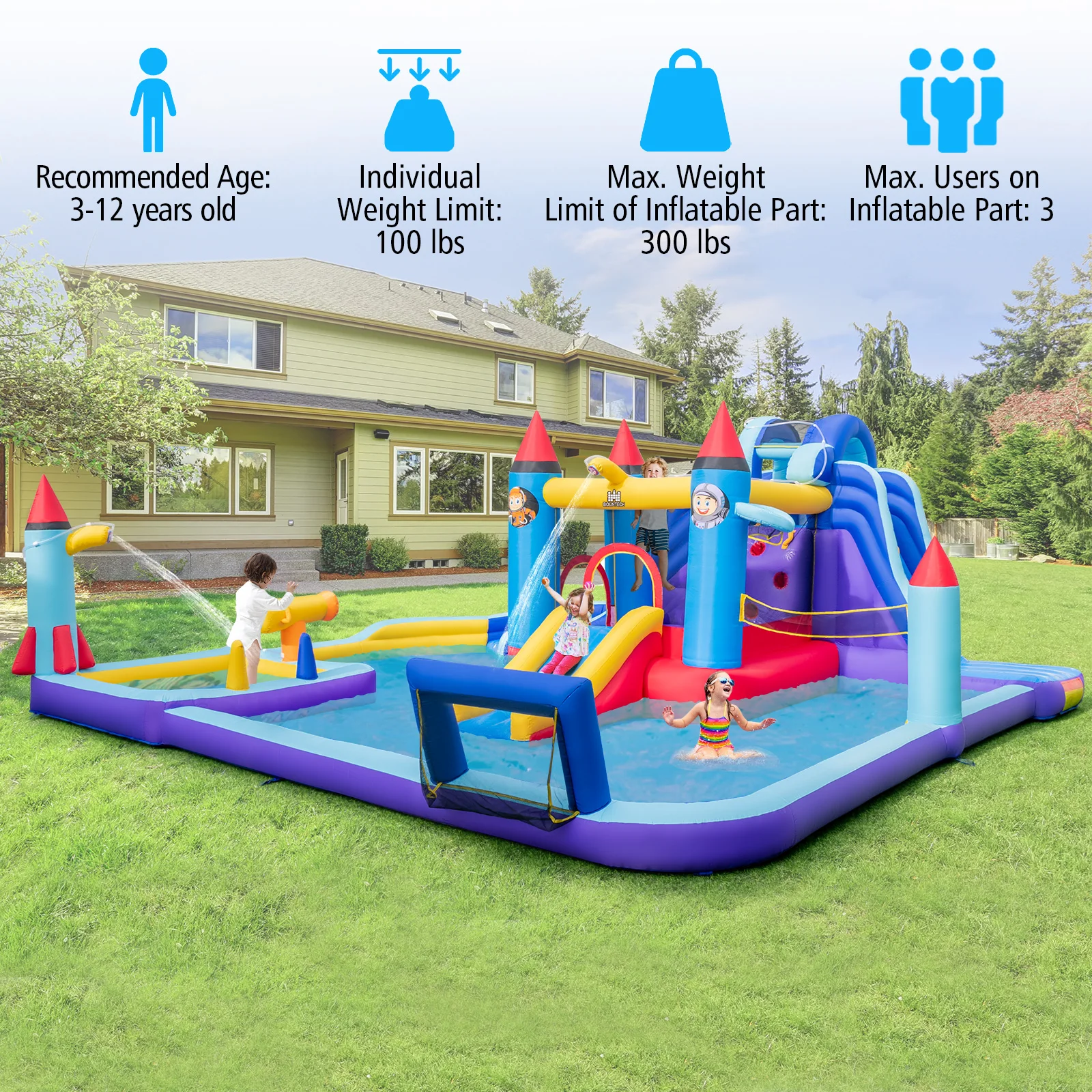 Tobogán acuático inflable con 2 toboganes para piscina, parque con tema de cohete, soplador de 1100w