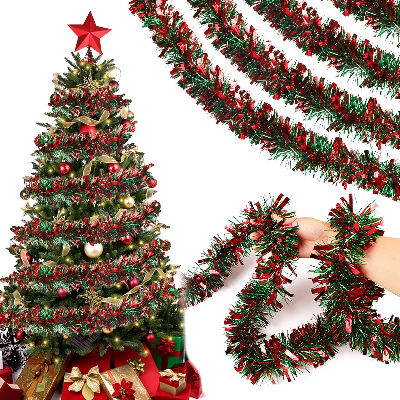 1 Stück Weihnachts-Lametta-Girlanden, glitzernde rote und grüne Lametta-Stränge für Weihnachtsbaum-Dekoration, Neujahrsfeier, Treppenhaus-Dekoration