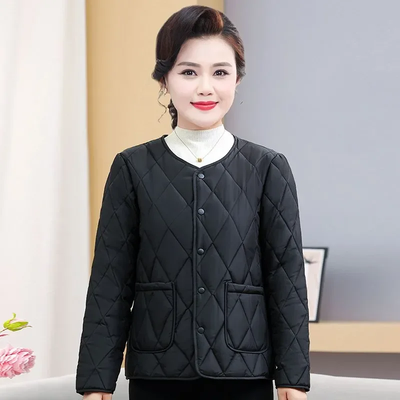 Women Middle Aged Mom Vintage Diamond Quilted Lightweight Warm Padded Coat Winter Slim Cotton Jacket S 5XL